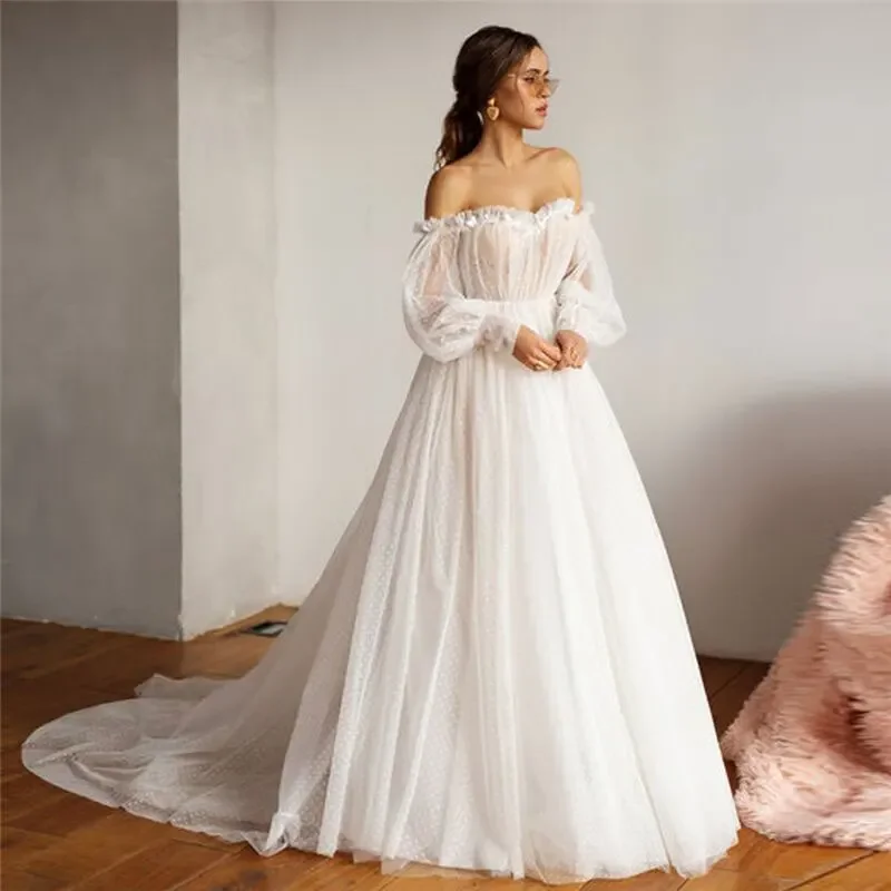 

Lace Dot Tulle Wedding Dresses Off The Shoulder Long Bride Gowns With Sweep Train Long Puffy Sleeves Vestido Novia