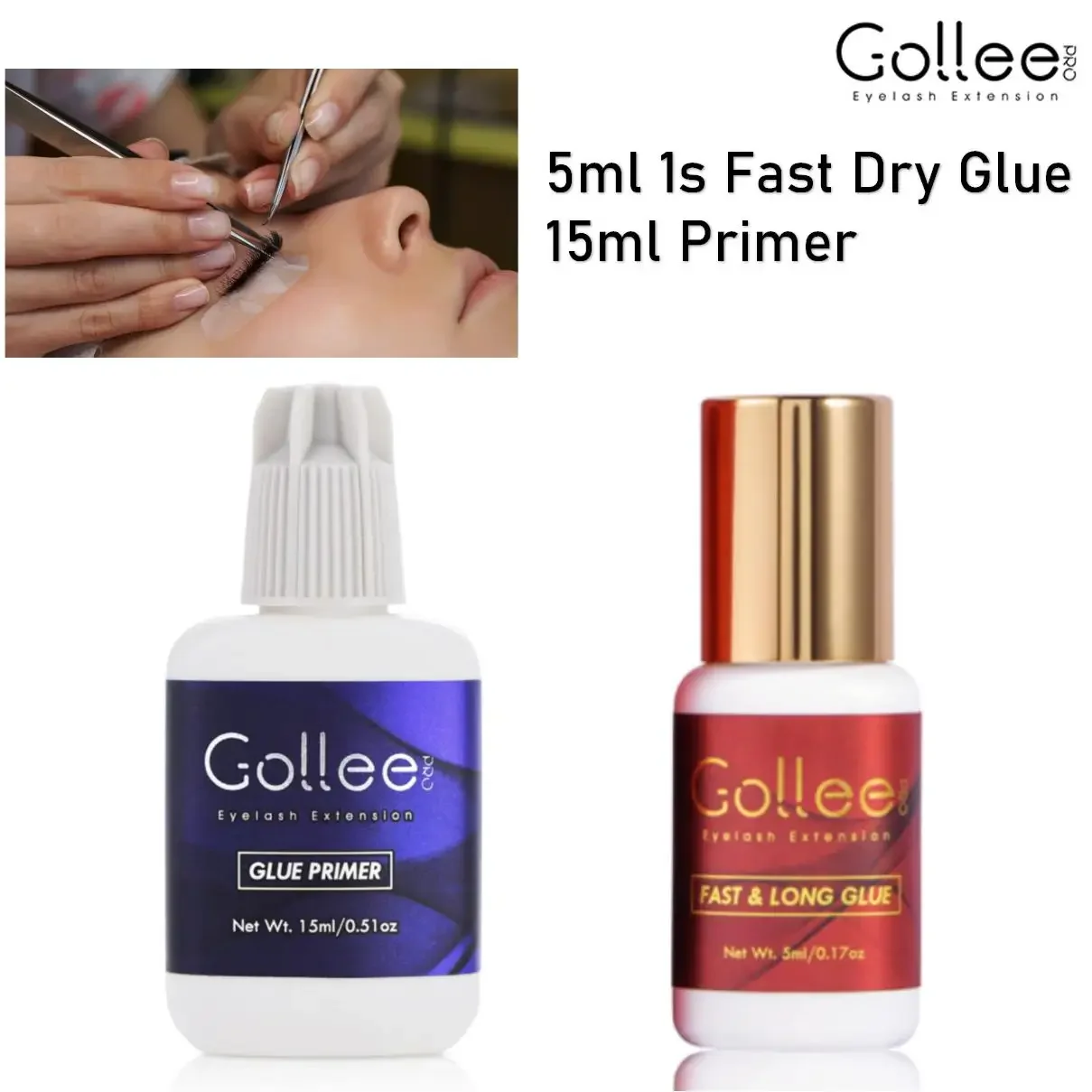 

Gollee Eyelash Extension Glue & Lash Primer No Tears Formula 1S Drying Retention 6-8 Weeks Thin Lash Adhesive Professional Use