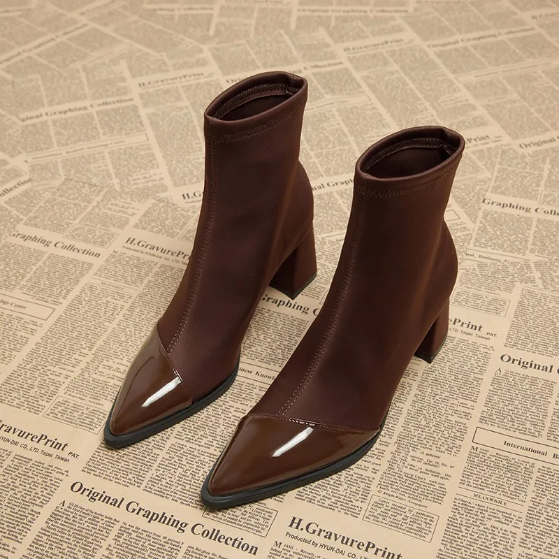 Otoño Invierno empalme puntiagudos mujeres botines zapatos moda Slip On tacones cuadrados botines cortos