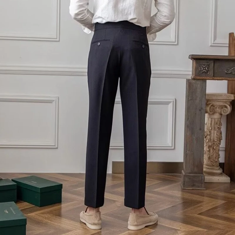 Old Money Aesthetic Mens Suit Trousers Stylish Belt Buttoned High-waisted Pants Men Fall Vintage Solid Color Slim Straight Pants