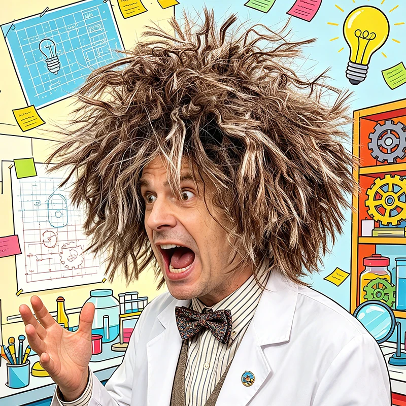 Brown Messy Crazy Wig With Gray Eyebrow Mustache Set Synthetic Hair Scientist Cosplay Halloween Costume Party Wigs for Adults