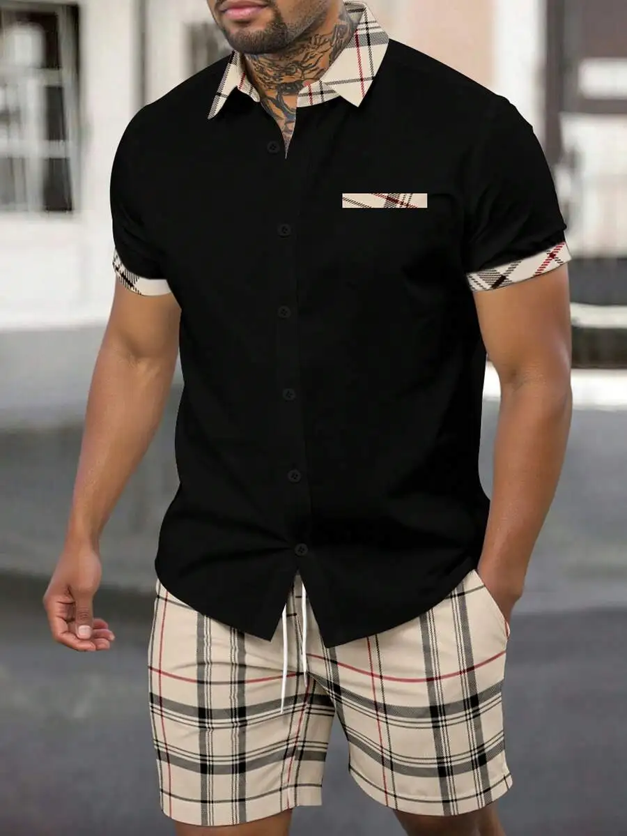 Manfinity Homme Men's Summer Plaid Splicing Short Sleeve Shirt And Shorts Casual 2-Piece Set Men Short Sleeve Dress Shirt, - view 2