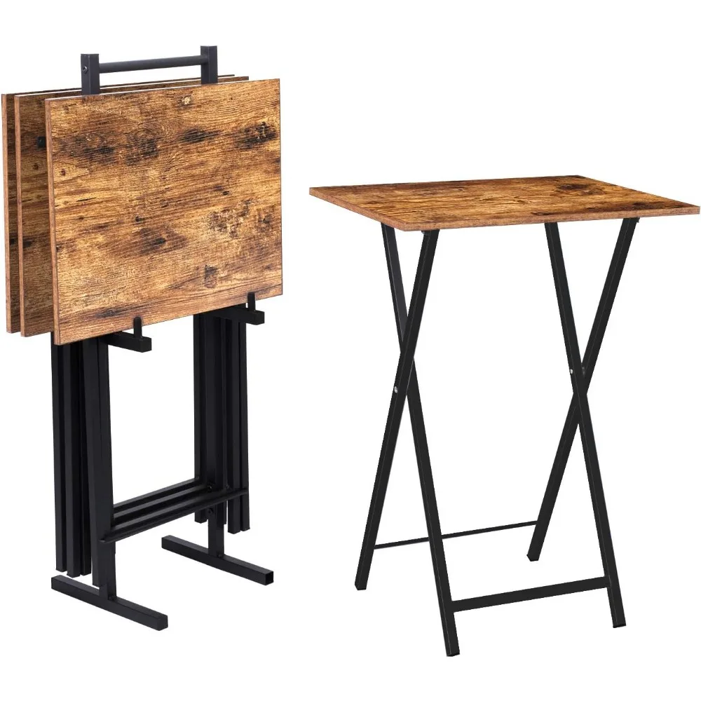

Folding TV Tray Tables, Set of 4 TV Trays with Storage Rack, Industrial Side Table for Eating at Couch, Foldable Snack Ta