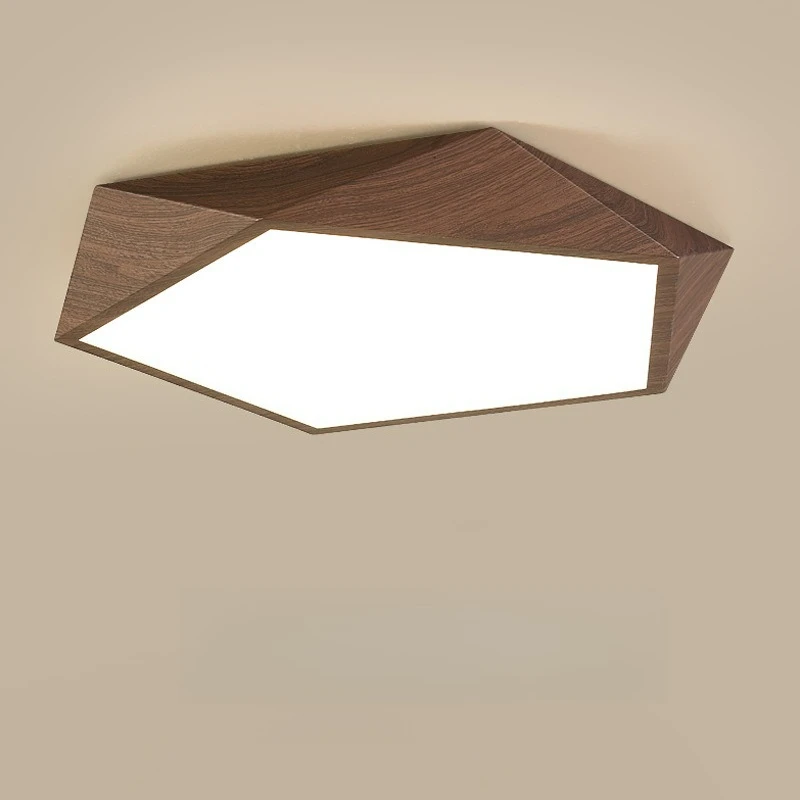 Nordic Wood Grain Geometric Polygon LED Ceiling Light Warm Modern Flush Mount Lamp LED Light Home for Bedroom Study Living Room
