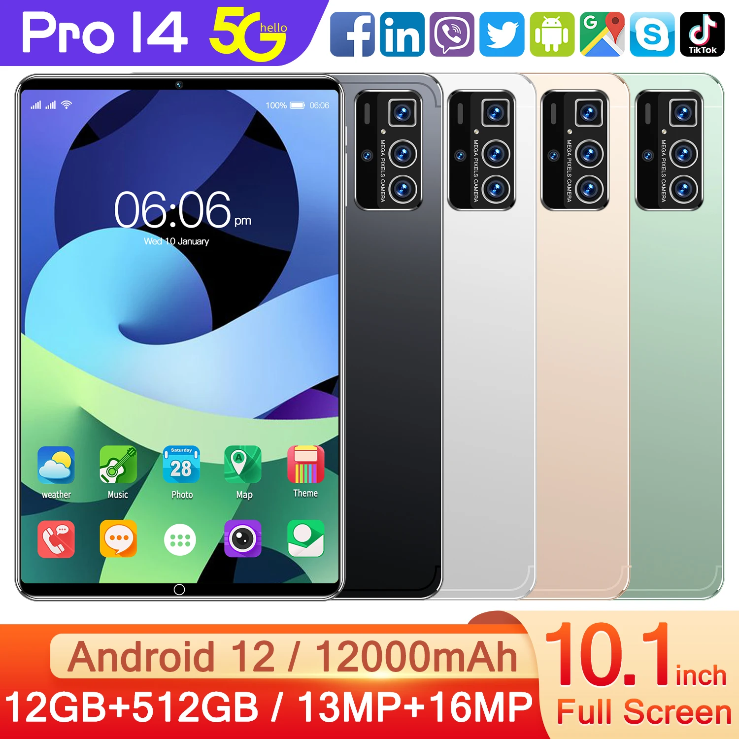 Global Model New Pro 14 Tablet 10.1-inch HD Screen Android Dual SIM Dual Standby Bluetooth 5G WIFI GPS Business Office Tablet PC