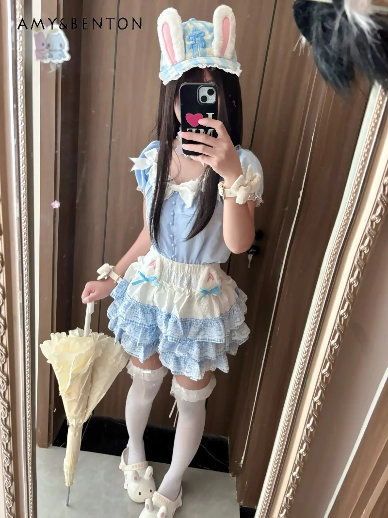 Japanese Anime Girl Lolita Outfit Evening Dresses Sweet Bowknot Puff Sleeve Shirt Patchwork Color Multi-layer Mini Puffy Skirt