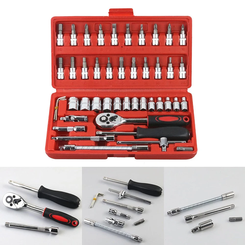 

46pc Drive Socket Set 1/4 inch Ratchet Wrench Set with Sockets Metric Hex Bit Socket Set Mechanic Tool Kits for Hous Auto Repair