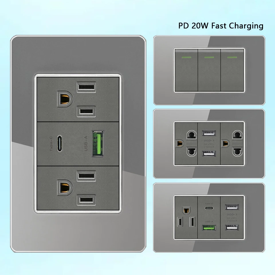 US Mexico Thai Standard socket Plug Usb Type-C 20W Fast Charging outlet,American Tempered glass Light Electrical Switch Panel