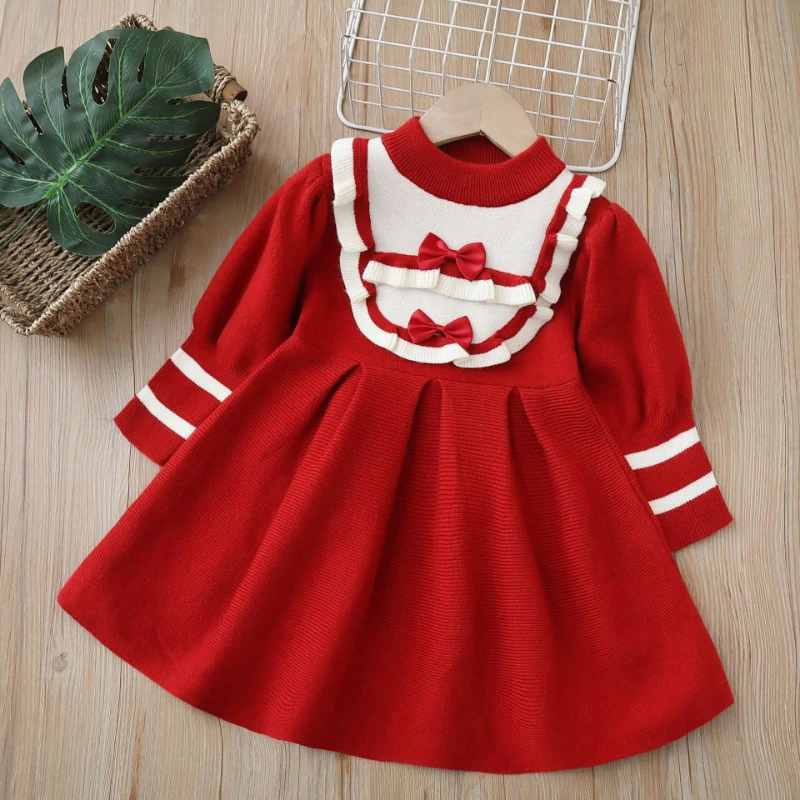 

Girls' Sweater Dress Autumn and Winter New Girls' Sweater Knitted Long Dress with Bow Small Fragrant Wind Sweet Princess Dress