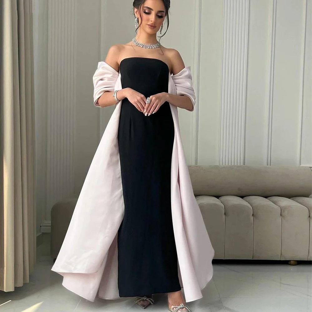 Customized Yipeisha Fashion Strapless Black Satin Evening Dresses Ankle Length With Streamer Off the Shoulder A-line Formal Part image 5