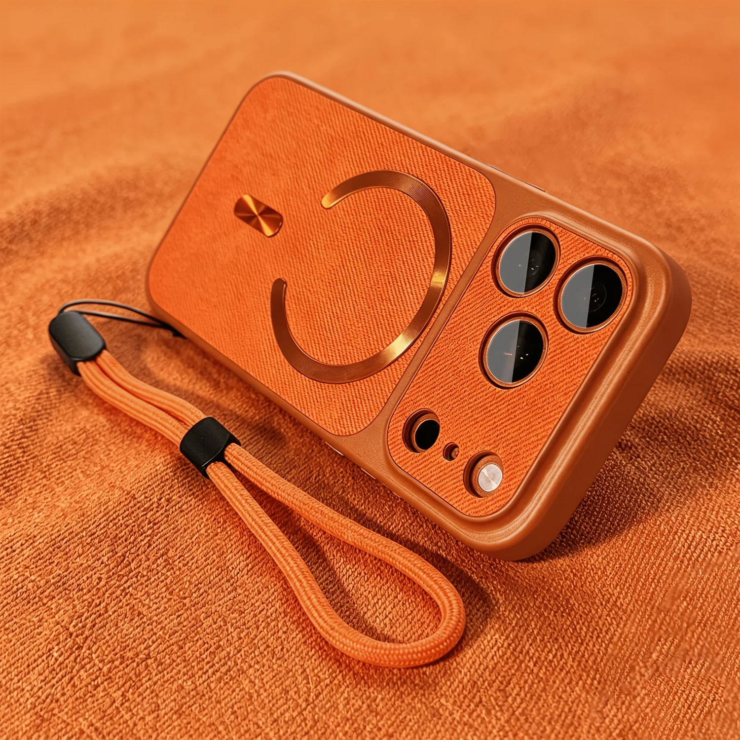 Luxury Orange Fabric Magnetic Phone Case For iPhone 17 Air 16 15 14 13 Pro Max Shockproof Protective Cover With Hand Lanyard