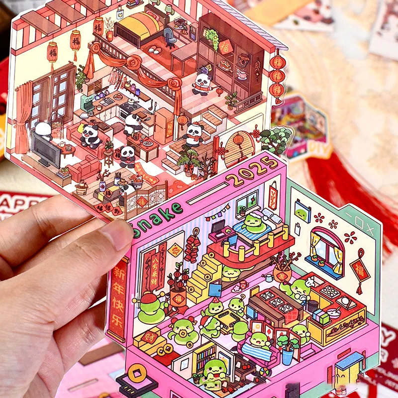 1Set Kawaii Snake Year 3D Landscaping Stickers Cartoon Miniature Scene Visual Stacking Three-dimensional Stickers Children Gifts