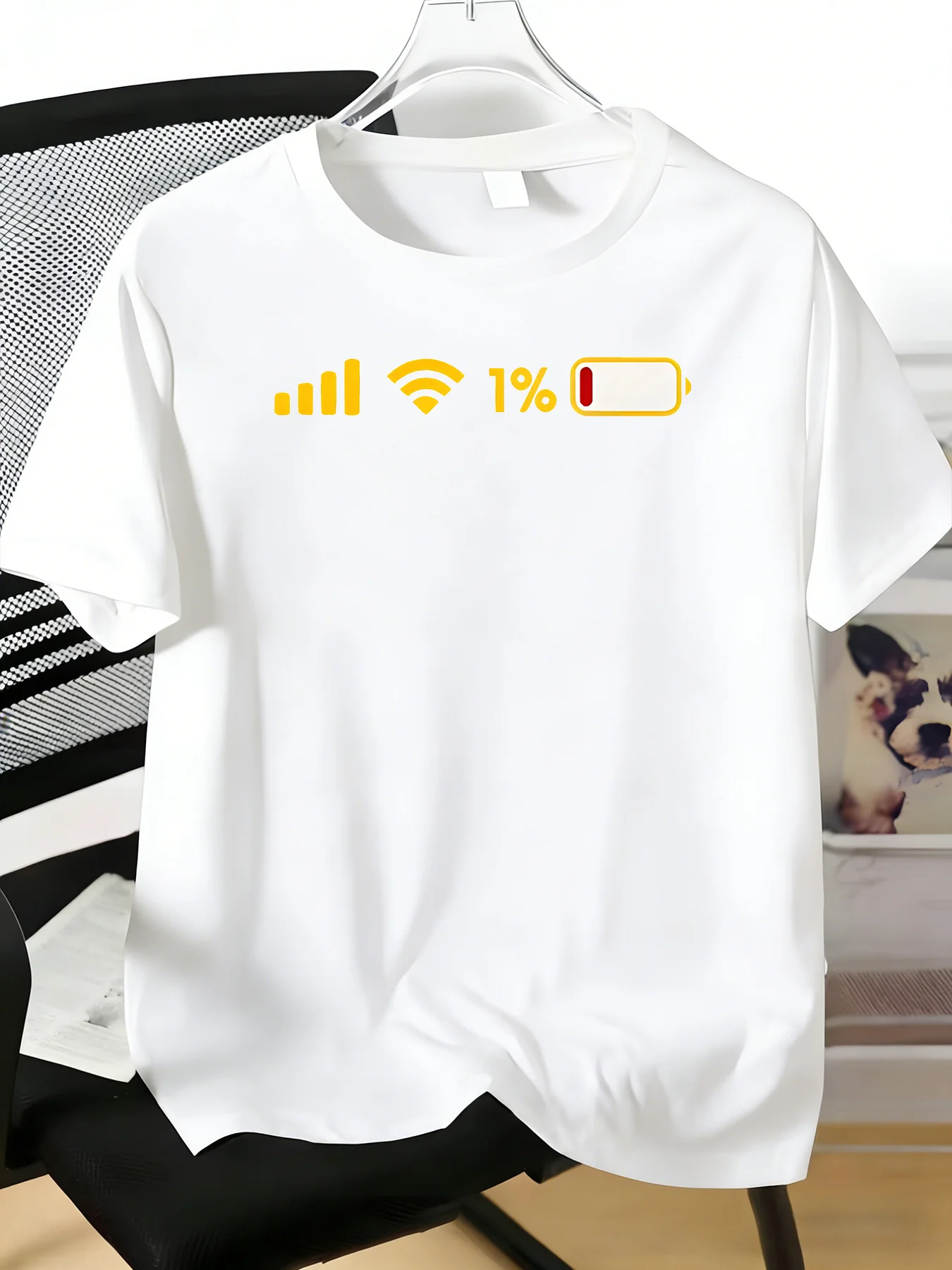 Signal Wifi One Percent Low Battery Icon Print Mens Soft Cotton Short Sleeve Tee Tech Humor Casual Shirt For Gamer Tech Fan Men
