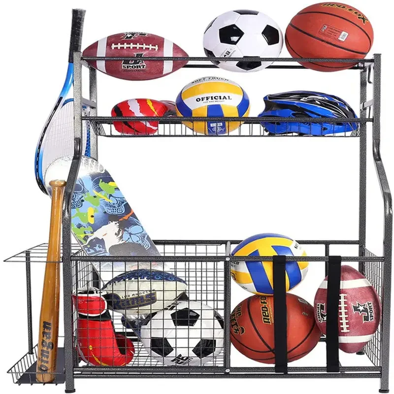 Sports Equipment Organizer Ball Storage Rack Sports Gear Storage Garage Organizer With Basket and Hooks