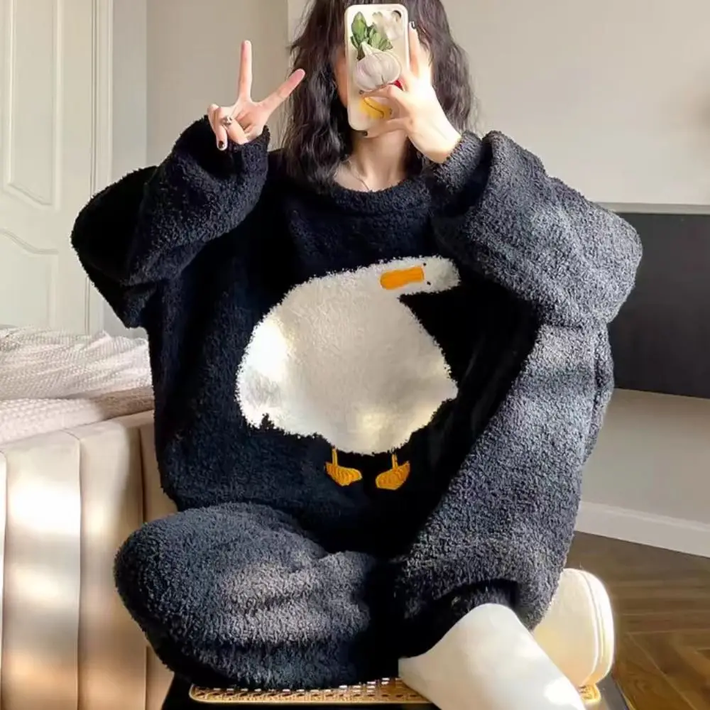 

Casual Horse Fleece Pajamas Set Long Sleeve Duck Rabbit Thicken Warm Sleepwear Loose Kawaii Winter Nightwear Girl