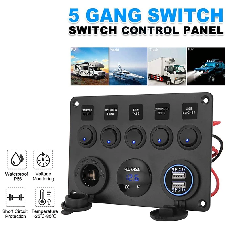 5 Gang Switch Panel, 12V/24V Inline Fuse Box LED Switch Panel Dual USB Socket Power Outlet LED Voltmeter For Boat Truck