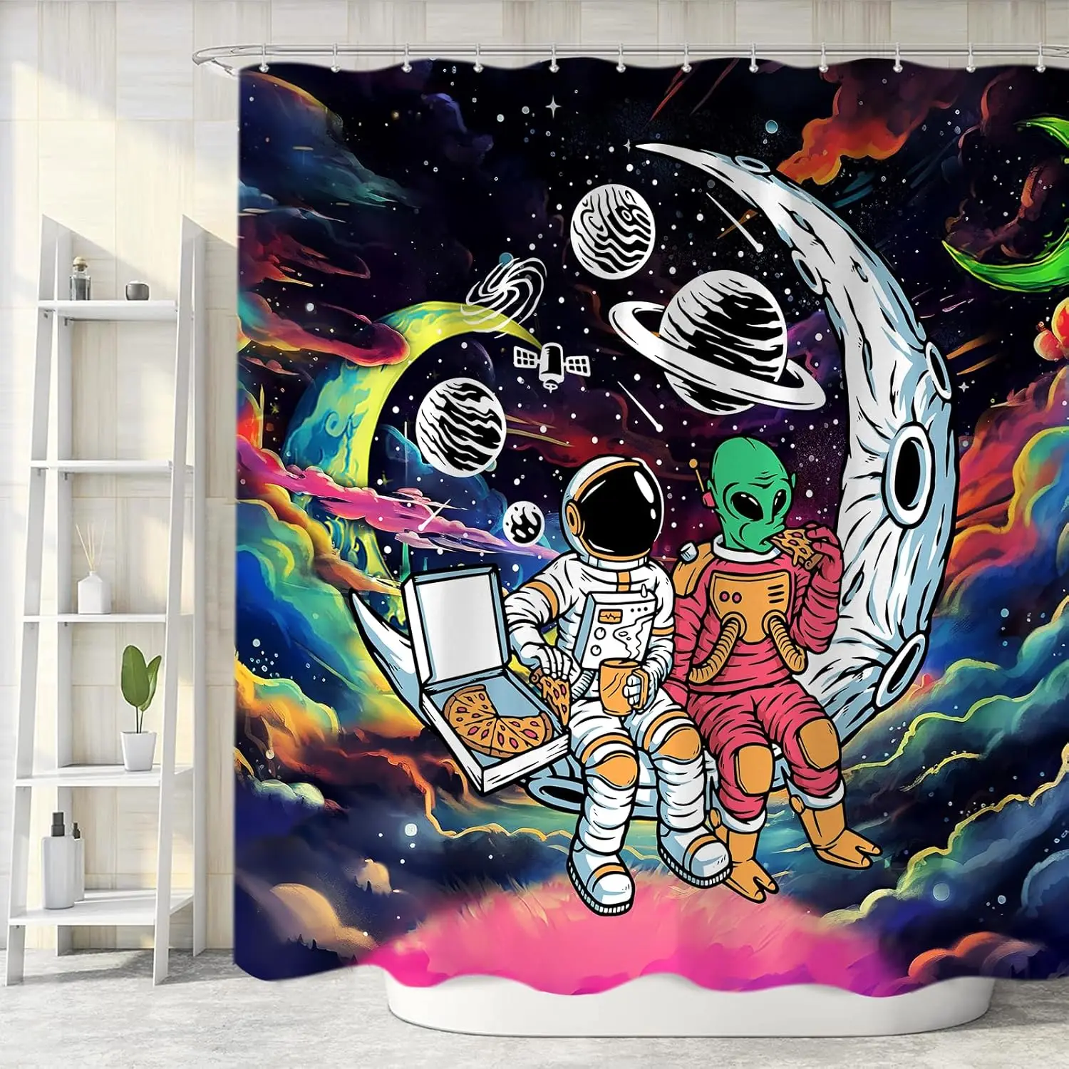 

Interesting space shower curtain astronaut alien bathroom decoration shower curtain with 6-12 hooks Multiple sizes