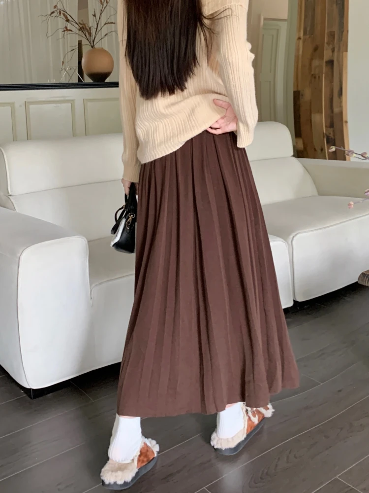 Qiukichonson Mid Long Skirts Womens Knitted Skirt 2023 Autumn Winter Korean Gothic Casual High Waisted Ruffle Pleated Skirts