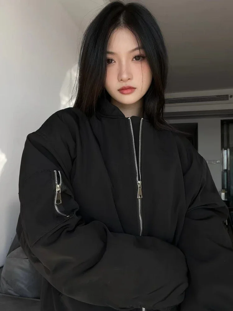 

American Retro Jackets Women Couple Simple Outwear Zipper Minimalist Harajuku Fashion Streetwear Spring Chic Solid Vintage Baggy