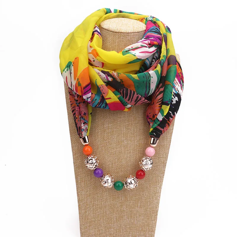 Beaded Pendant Scarf Print Chiffon Neck Warmer Fashion Outdoor Travel Shawl Infinity Wrap for Women Ladies Unisex​