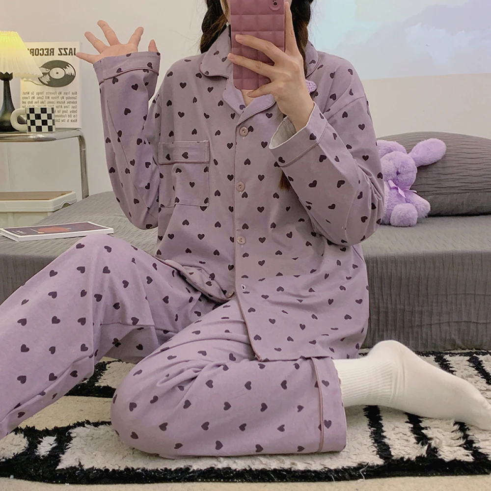 Sweet Cute Kawaii Cartoon Bear Lady Home Pajama Sets Heart-shaped Print Fashion Casual Y2k Women Sleepwear Spring Autumn Lounge