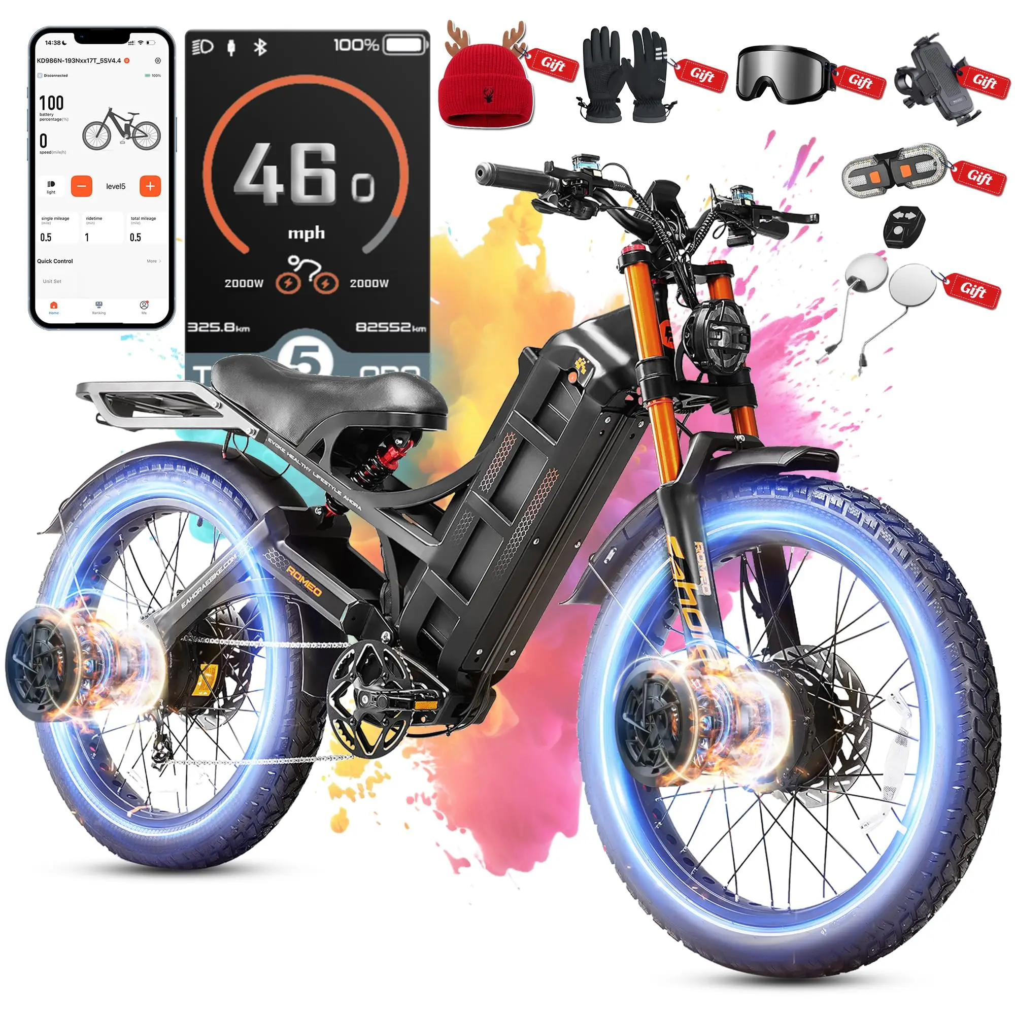 2026  Romeo Pro 2 46Mph/4000W Dual Motor Electric Bike for Adults, 52V 70Ah Removable Battery, 200+Miles Long Range, 26*4.
