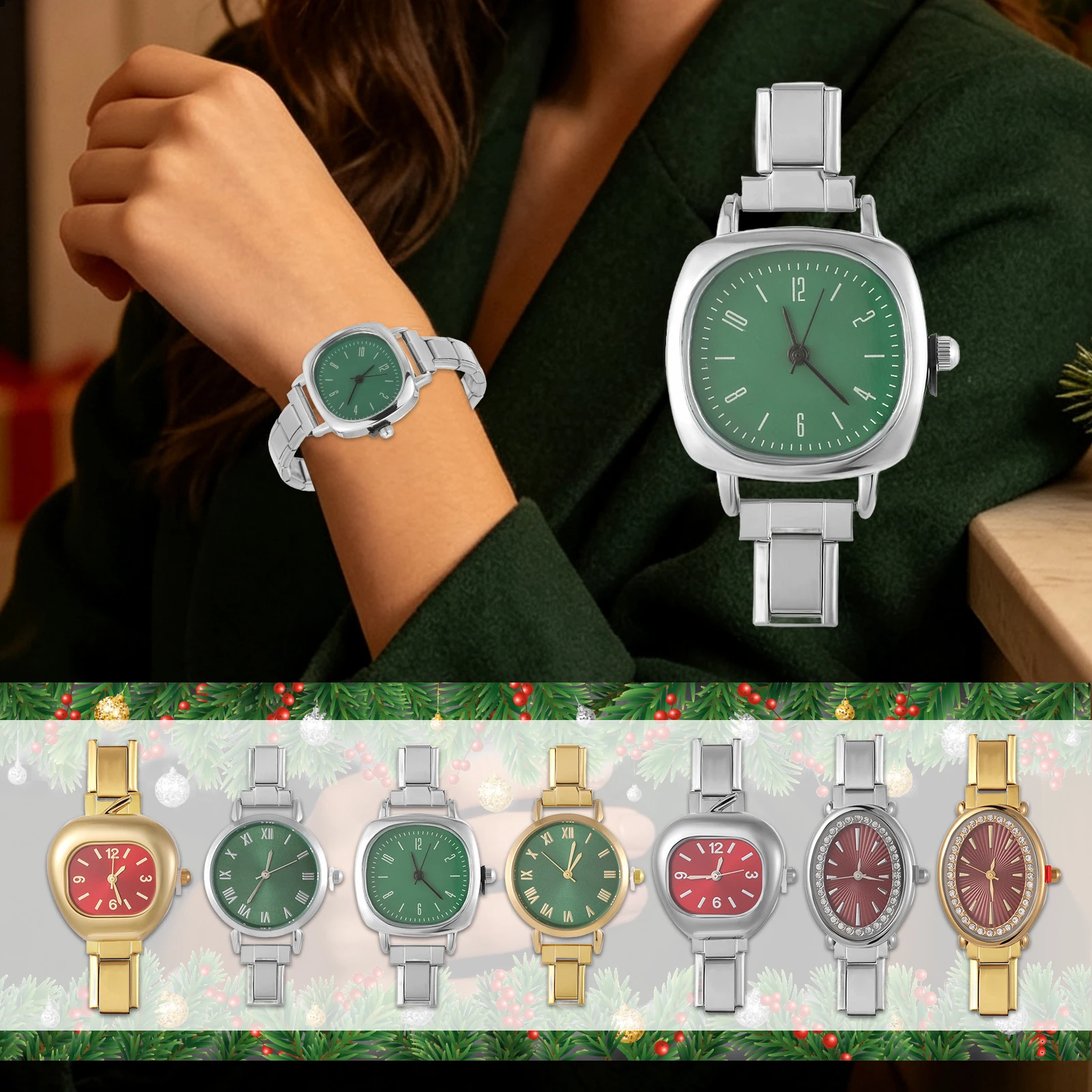 Fashion Women Men's Watch Elastic Bracelets High Quality Stainless Steel Red Green Oval Watch Head Bracelets For Christmas Gifts