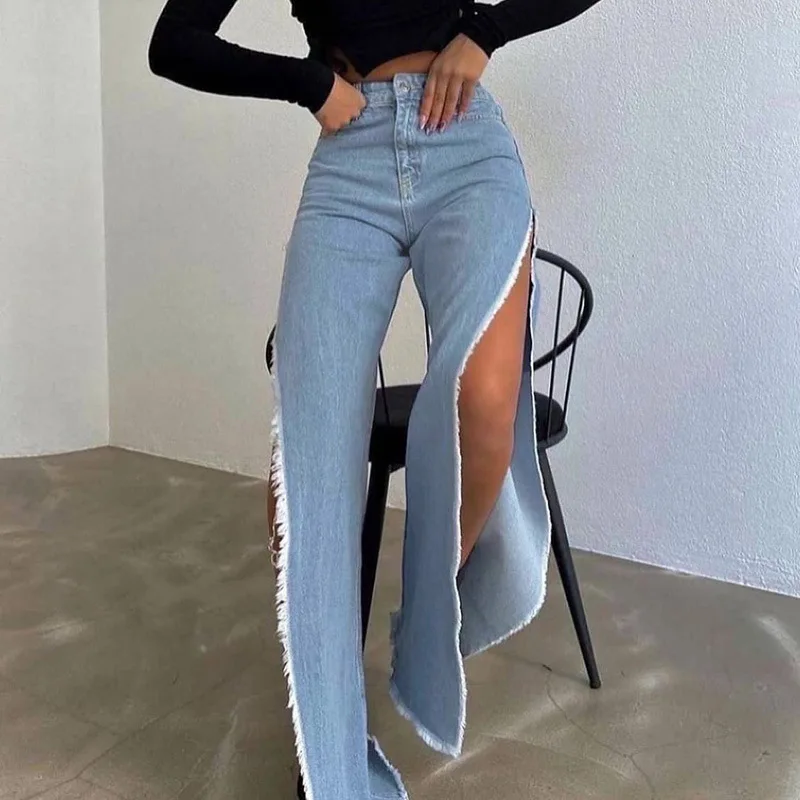 Jeans Divididos de Cintura Alta Lateral para Mulheres, calça preta solta casual, perna larga, calças largas longas, streetwear de verão, nova, Y2K