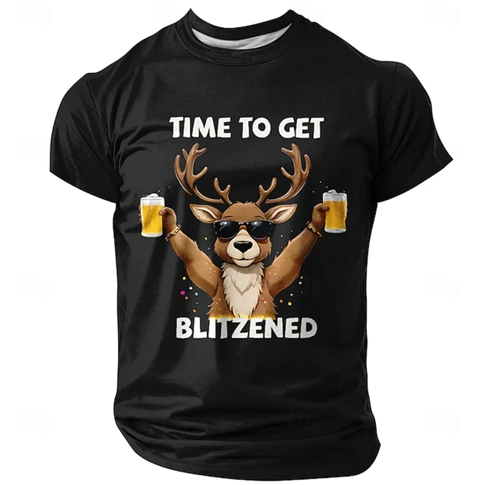 2025 New Elk Beer 3d Printed Fashion Tshirt Trend Letter TIME TO GET BLITZENED Simple Basic Model Unisex Short Sleeve Kids Tees