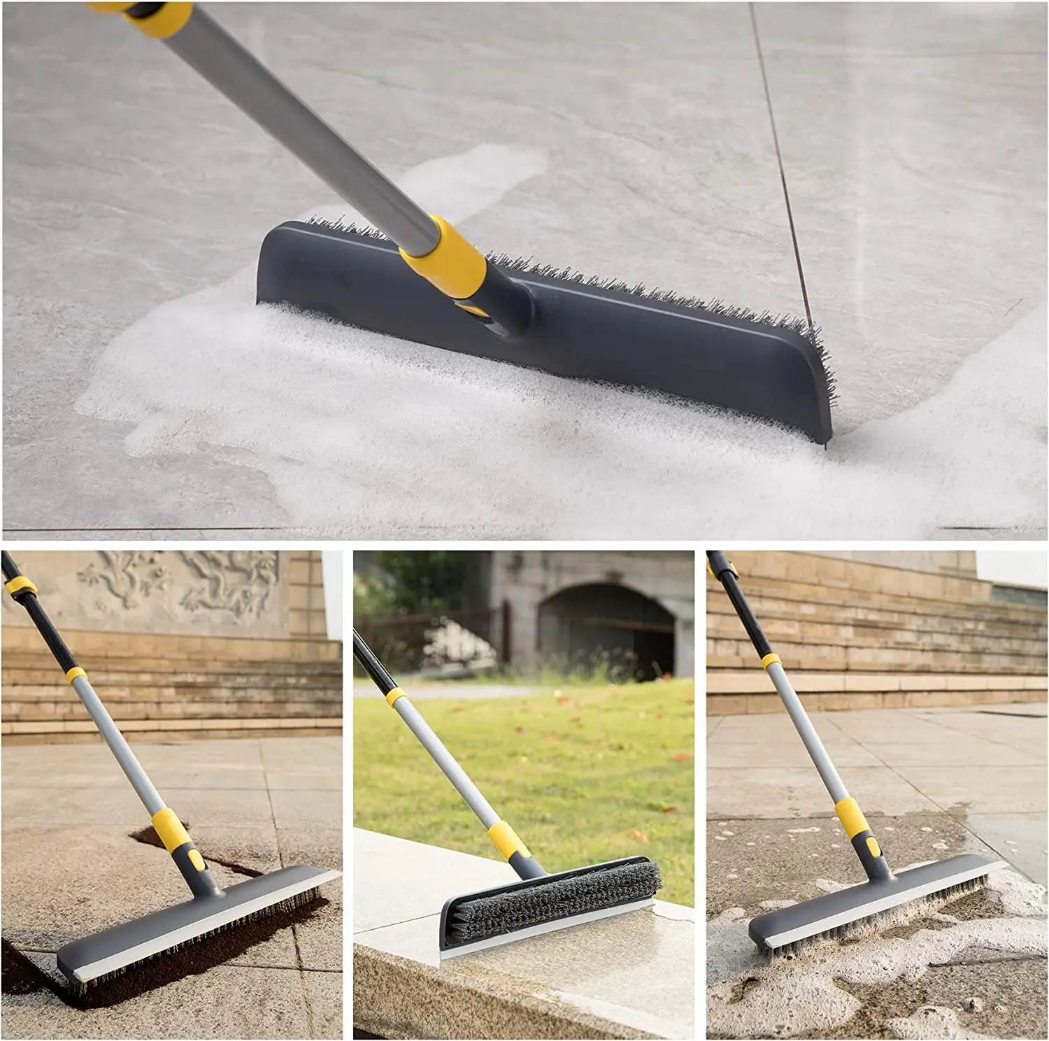 15” Floor Scrub Brush with Rubber Squeegee and 56” Extendable Long Handle,with 2 in 1 Stiff Bristle Scrubber,Tub and Tile Brush