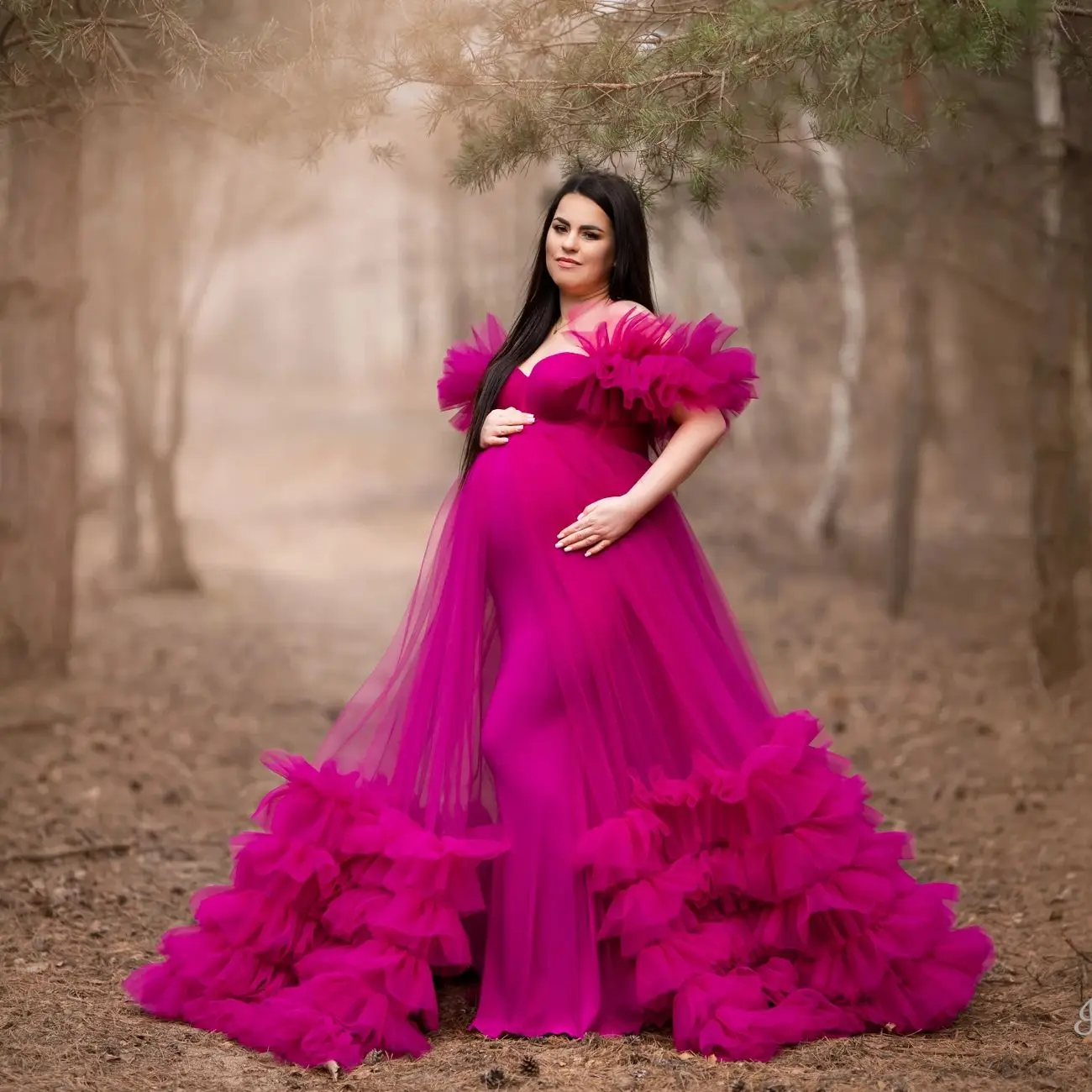 Ładne suknie balowe Sweetheart Ruffles kobiety ciąża szaty ciążowe wielowarstwowe dostosowane suknie na Baby Shower rekwizyty fotograficzne