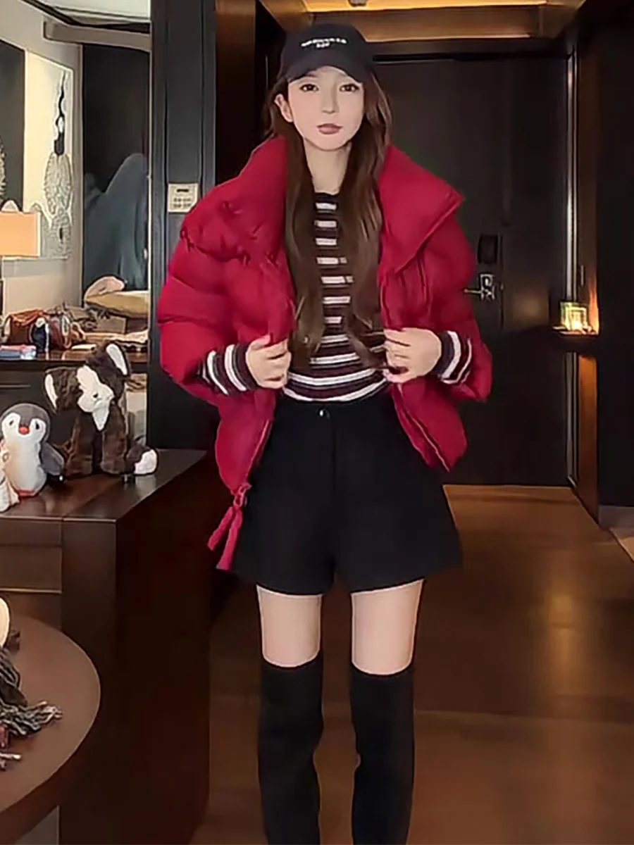 Faionable Red ort Puffer Jaet abrigo de invierno para mujer cuello alto Du down pan prendas de vestir exteriores Casual Sle Thiened