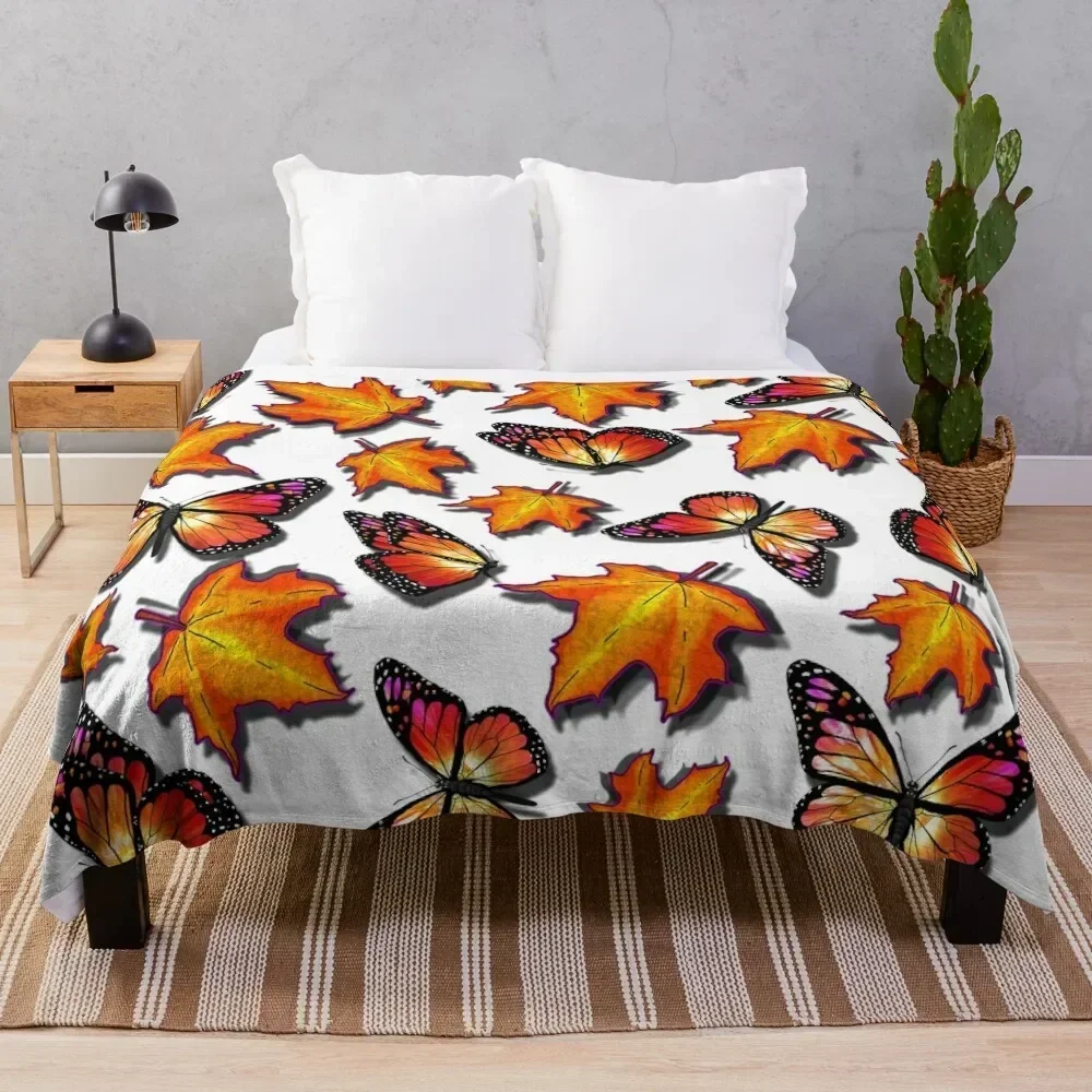 Butterflies and Fall Leaves of Orange Throw Blanket No Pilling Soft Warm Blanket for Bed