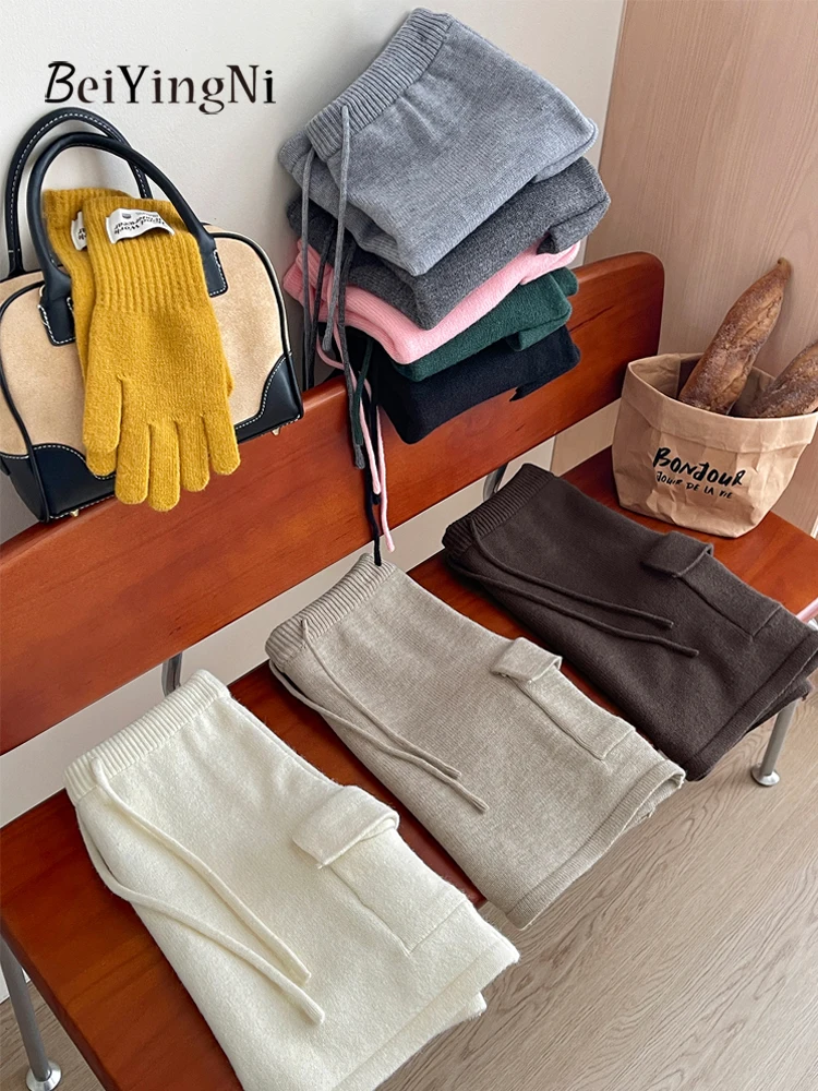 Beiyingni nova moda de malha cintura elástica mini saia feminina coreano bolsos lápis saias curtas senhora simples inverno magro jupes