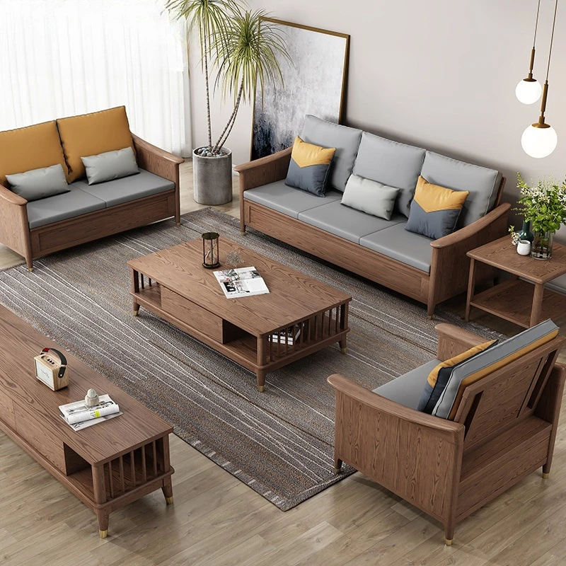 Solid wood sofa New Chinese ash wood Winter and summer dual-purpose combination Small apartment high box storage