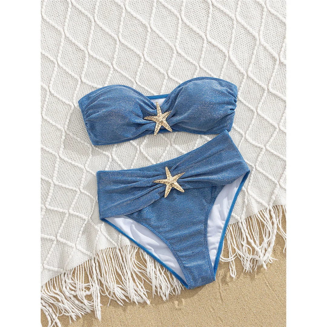 S - XL Starfish Bandeau Damen-Badeanzug, Bikini mit hoher Taille, zweiteiliges Bikini-Set, Badebekleidung, Badeanzug, Modell V8502 – Detail 6
