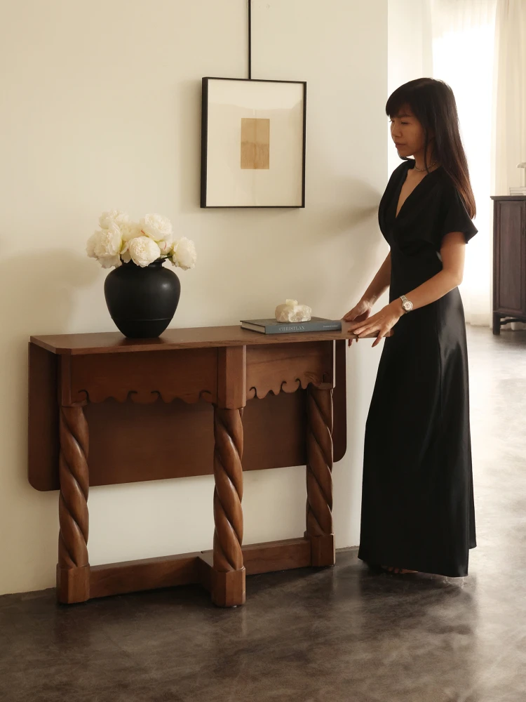 

Mid-ancient style Xuanguantai, extremely narrow solid wood side cabinet, designer small apartment, foldable dining table