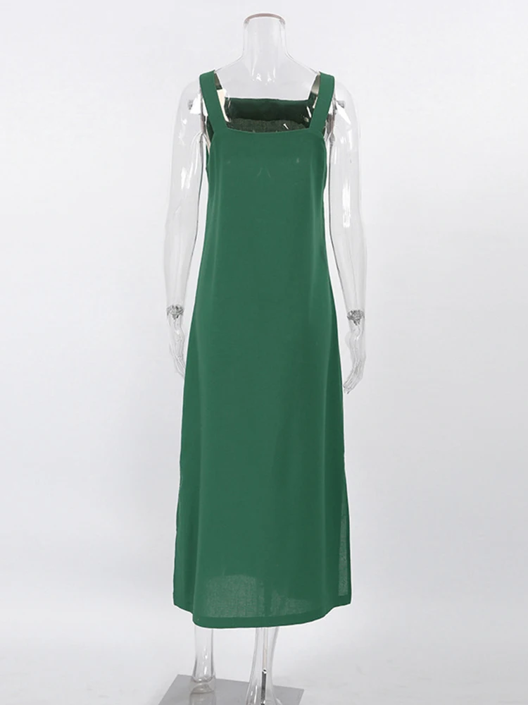 2023 Summer Autumn Women Casual Solid Green Side Slit Spaghetti A-line Midi Dress For Women