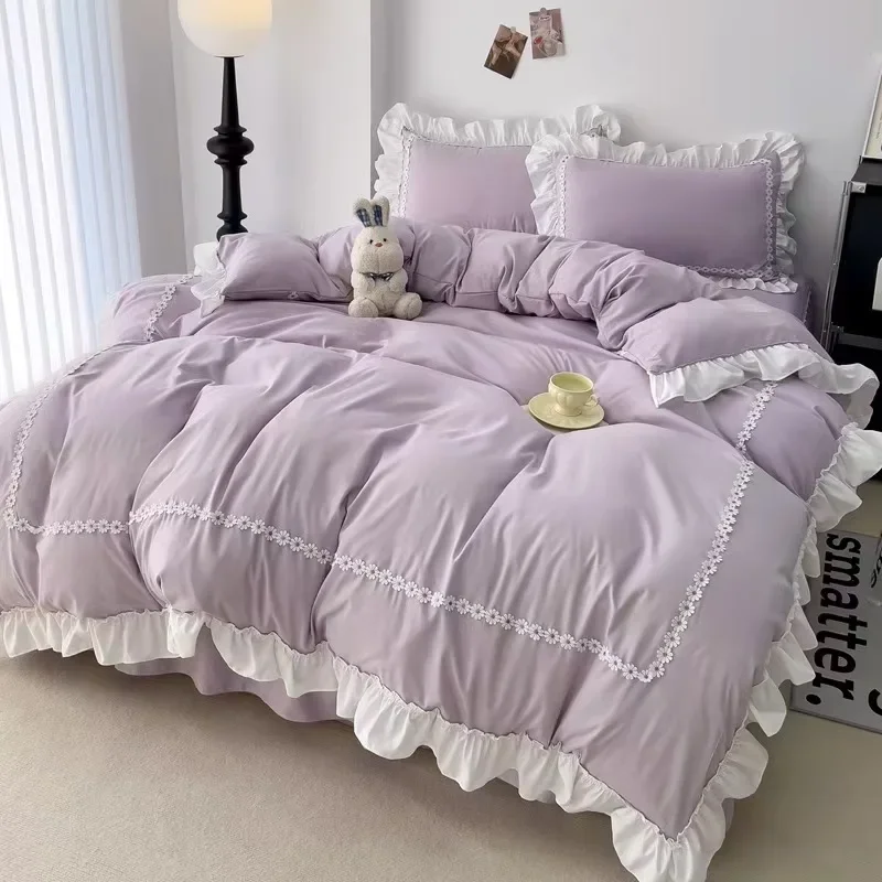 Korean Princess Style Bedding Sets Ins Lace Bowknot Duvet Cover Fitted Sheet For Girl Woman Home Bedroom Kawaii Bed Linens