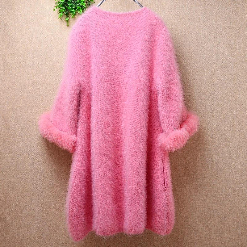 Female Women Fall Winter Sweet Pink Beading Hairy Mink Cashmere Knitted Fur Sleeves Slim Cardigan Angora Fur Jacket Sweater Pull