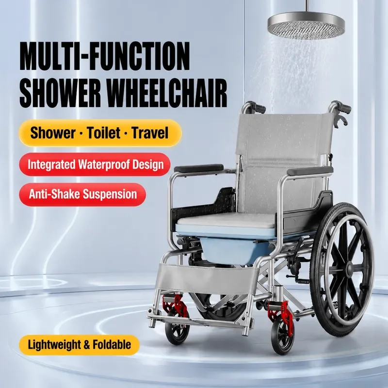 Waterproof Folding Wheelchair for Elderly Adults with Toilet Lightweight Multi Function Manual Push Chair Portable Mobility