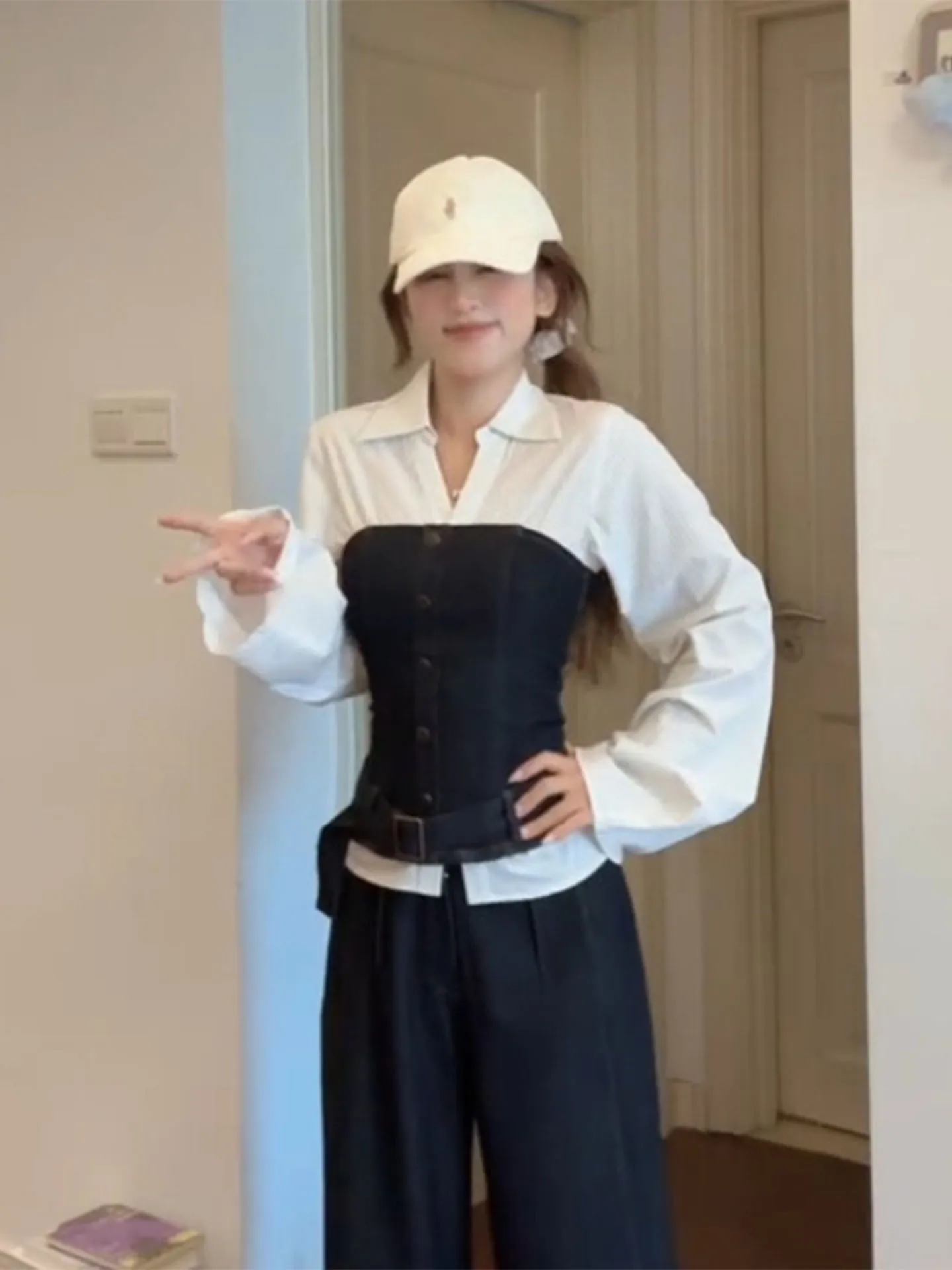 Retro Korean Style Denim Tube Top Vest Collared Shirt Women's Two-Piece Set Autumn College Style Fashion Ensemble