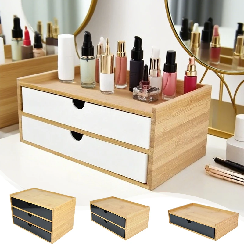 

Bamboo Desk Organiser with Drawers Desktop Organizer Jewelry Stationery Cosmetics Cabinet for Home Office Hotel Student Use