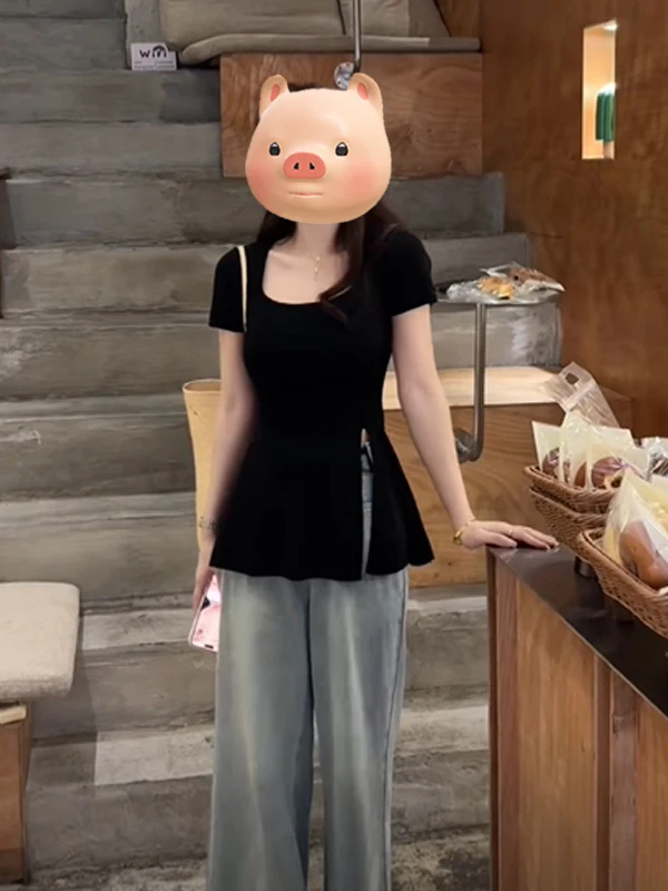 เสื้อผู้หญิงฤดูร้อนแบบใหม่ ดีไซน์ผ่าข้าง สไตล์เกาหลี แฟชั่นเรียบง่าย สีพื้น ทรงปกติ เหมาะสำหรับใส่ไปทำงาน