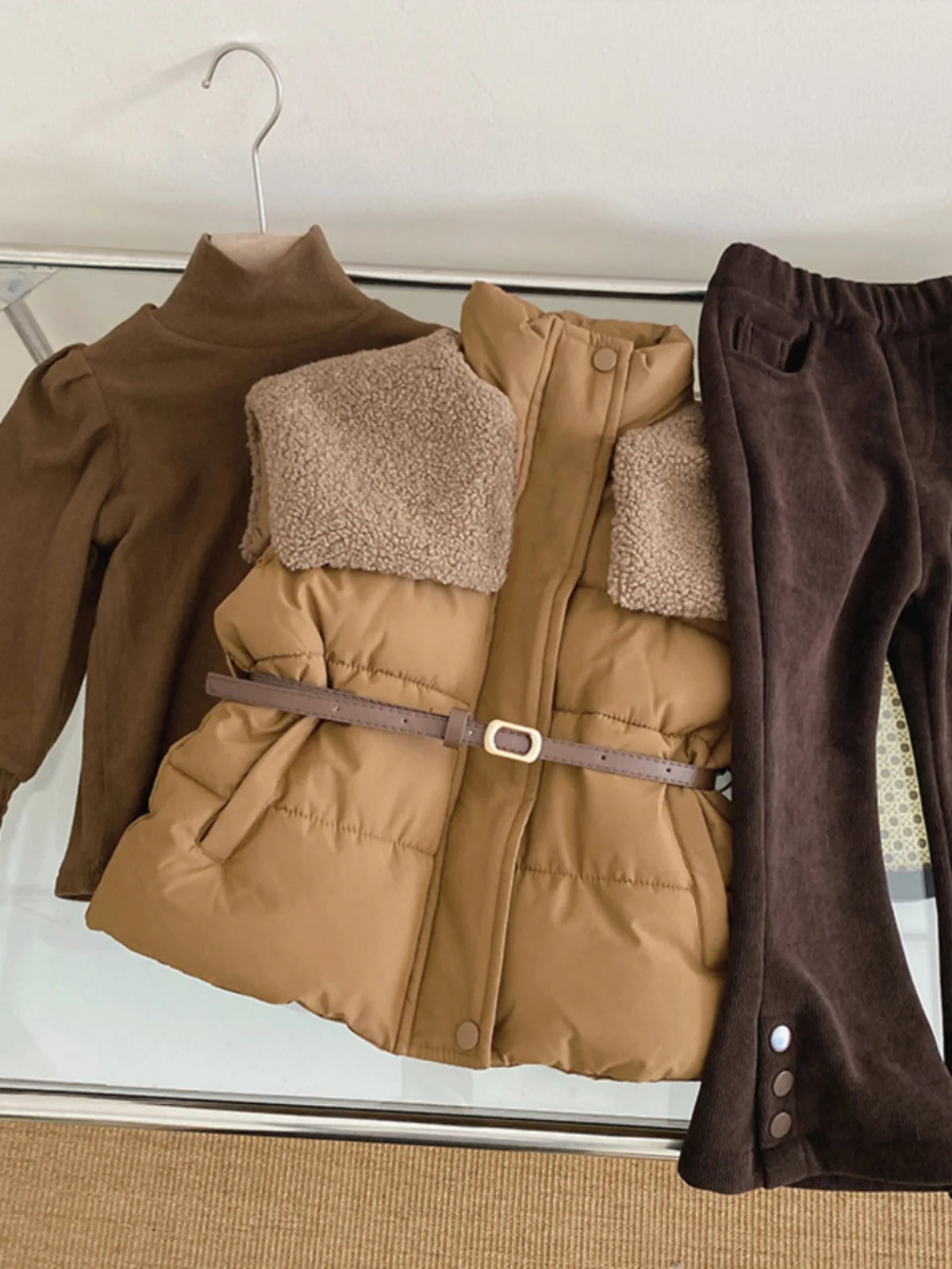 

Thiened Cotton Autumn Winter Set for Little Girls ort Hoody High Collar Base irt Bell Bot Pants Long Sve irt