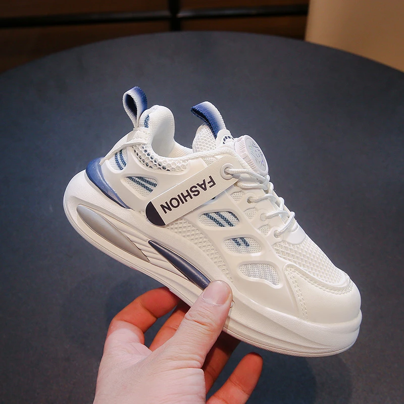 2025 New style rotating button girls' mesh sports shoes students' breathable white sneakers boys' soft-soled casual shoes