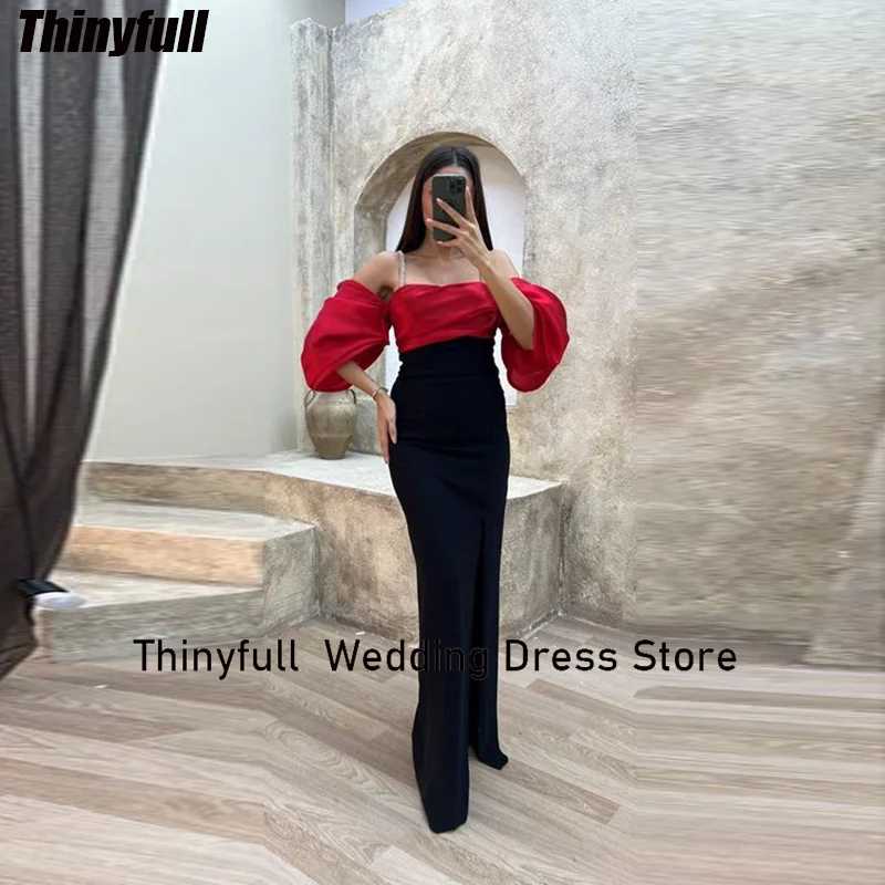 

Thinyfull Mermaid Red/Black Prom Dresses Strapless Spaghetti Strap Puffy Sleeves Evening Party Gown Satin Split Dubai Dress