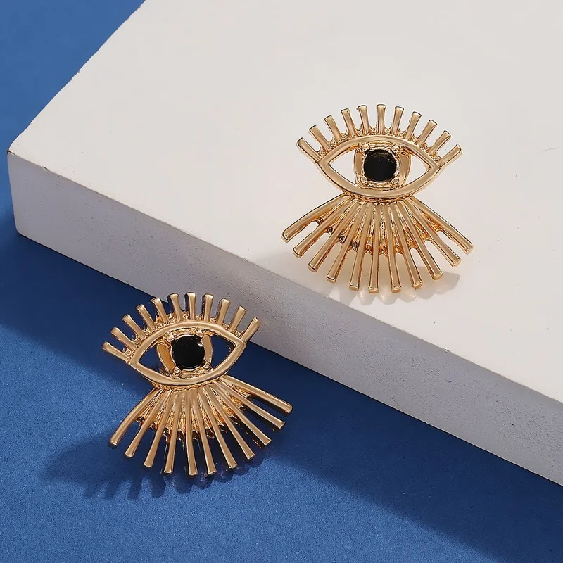 Vintage Evil Eye Gold Color Stud Earrings for Women Geometric Simple Exaggerated Ethnic Style Eyelashes Earring Joyero Brincos