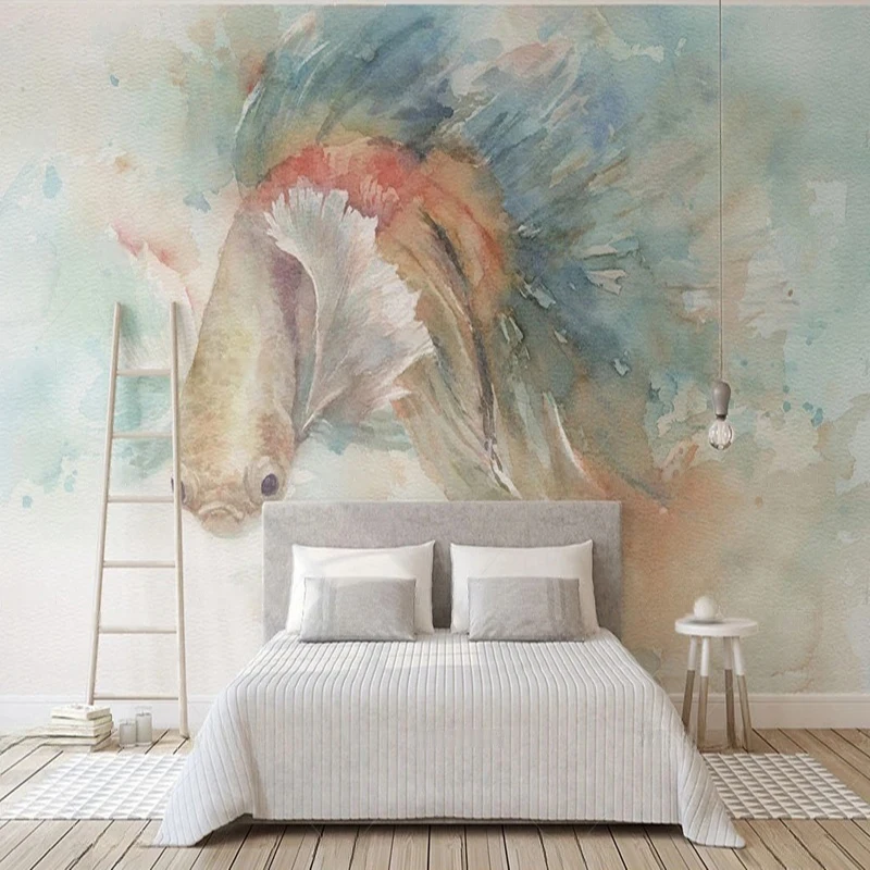 MU8711 Hand-painted watercolor betta fish with a colorful background and an annual surplus TV background wall