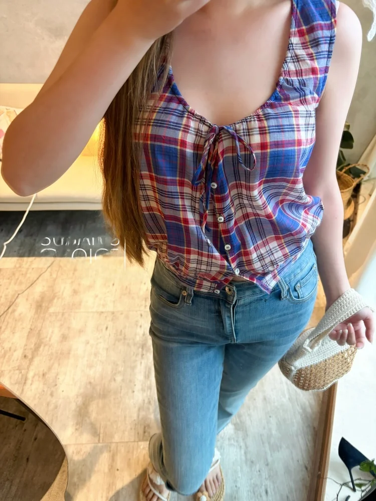 

Susan Do Organic Cotton Drawstring Vest Women's Sleeveless Large round Neck Blue Purple Plaid Top Spring Short Length Regular...